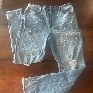Forever 21 Light Blue Pearl-Embellished Cropped Jeans